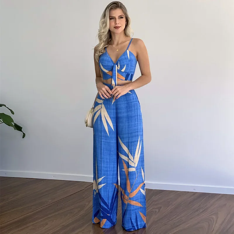 Women's Summer Fashion Printed Imitation Linen Sweet and Fresh Two-piece V-neck Backless Short Vest+high Waist Wide Leg Pants