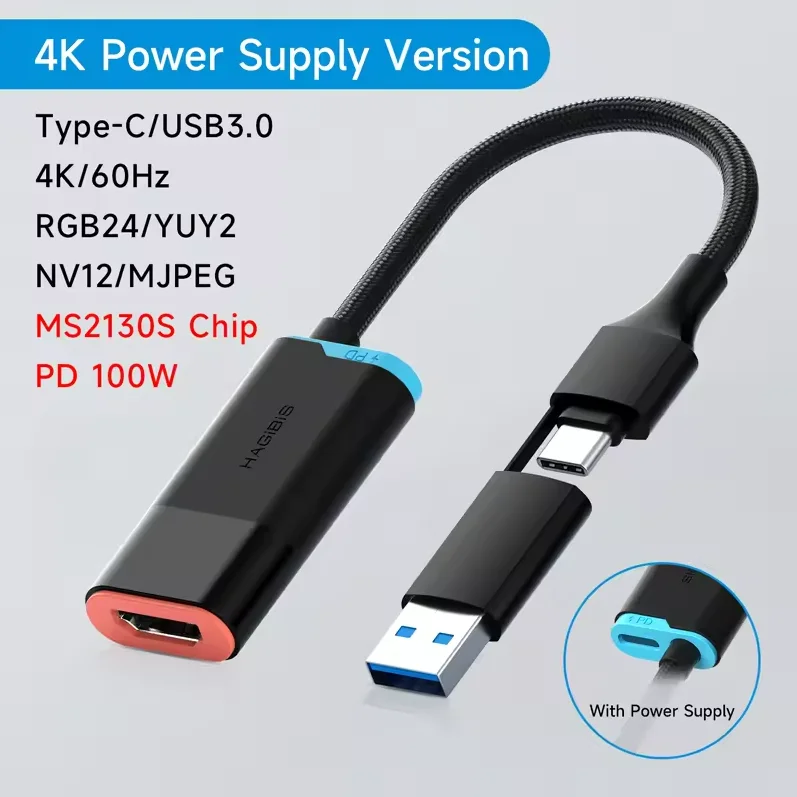 4K@60Hz Video Capture Card for Switch 2,HDMI to USB A/USB C Capture Cable 1080P@240fps RGB24 NV12 YUY2 MJPEG MS2130S for Switch2
