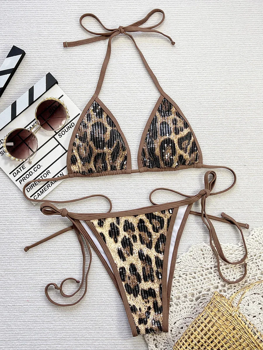 

Leopard Sequins Halter High Cut Bikini Women Swimwear Female Swimsuit Two-pieces Bikini Set Bather Bathing Suit Swim Beachwear