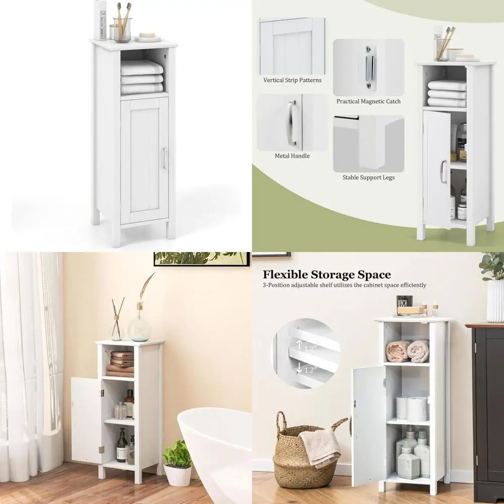 

White Modern Single Door Bathroom Floor Cabinet with Adjustable Shelf and Open Storage