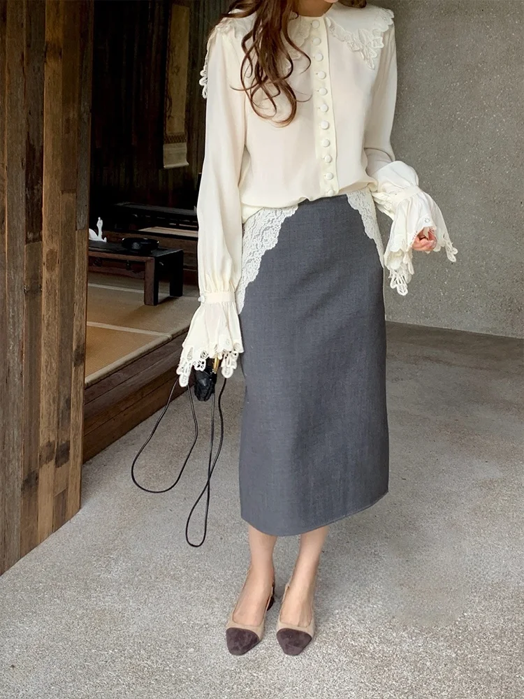 

Юбка-карандаш женская с высокой талией, с эффектом похудения, из шерсти с кружевными вставками, модная, для ранней весны, премиум-класса, средней длины