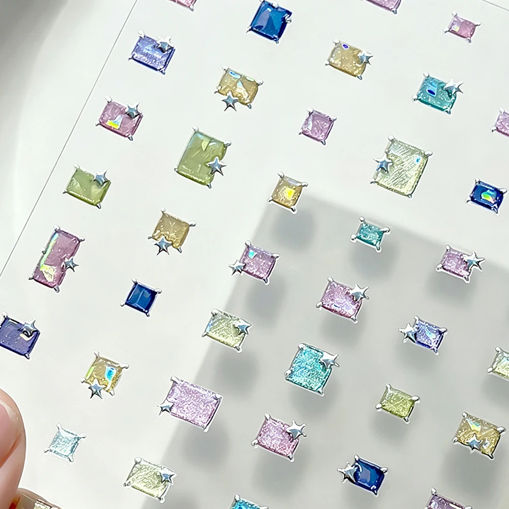 1Pc Rectangular Gem Design Nail Sticker Laser Square Gemstones Style Self-Adhesive Decals DIY Sliders for Nail Art Decoration
