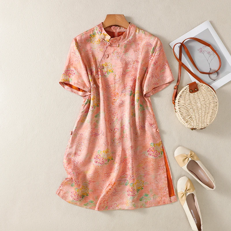 

Pink Modern Oriental Floral Dress - Women's Gauze Cheongsam Relaxed Fit Vintage Elegant Qipao