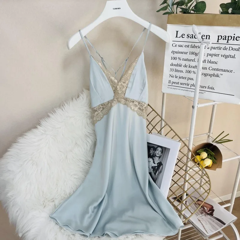 Lace Chemise Nightgown Sexy Spaghetti Strap Nightdress Nightwear Women Summer Silky Satin Sleepwear Sleepshirt Home Dress