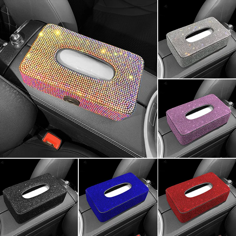 Caja de pañuelos de lujo con diamantes de imitación para coche, soporte tipo bloque para consola central, reposabrazos, asiento trasero, accesorios