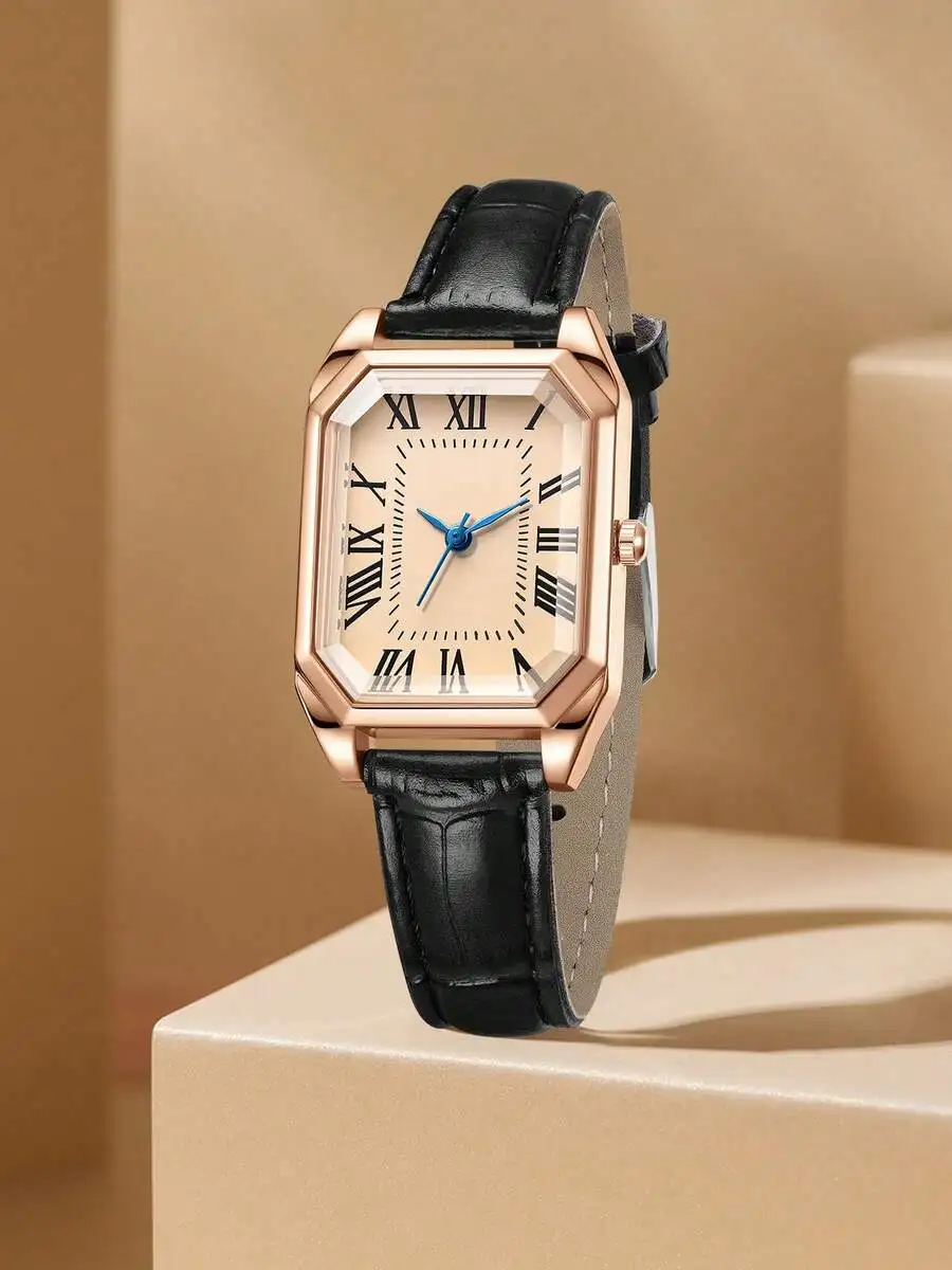1pc Women's Brown PU Leather Belt Fashionable Casual Retro Small Square Roman Letter Dial Quartz Watch For Daily Wear Or