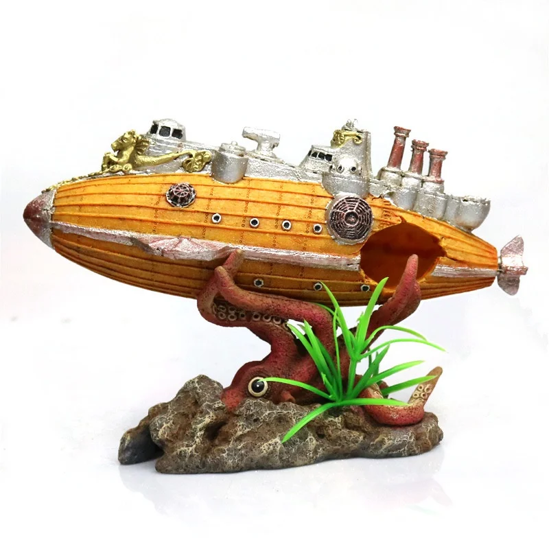 1PC Aquarium Landscaping Sunken Ship Octopus Airship Warship Rockery Decoration Submarine Shelter