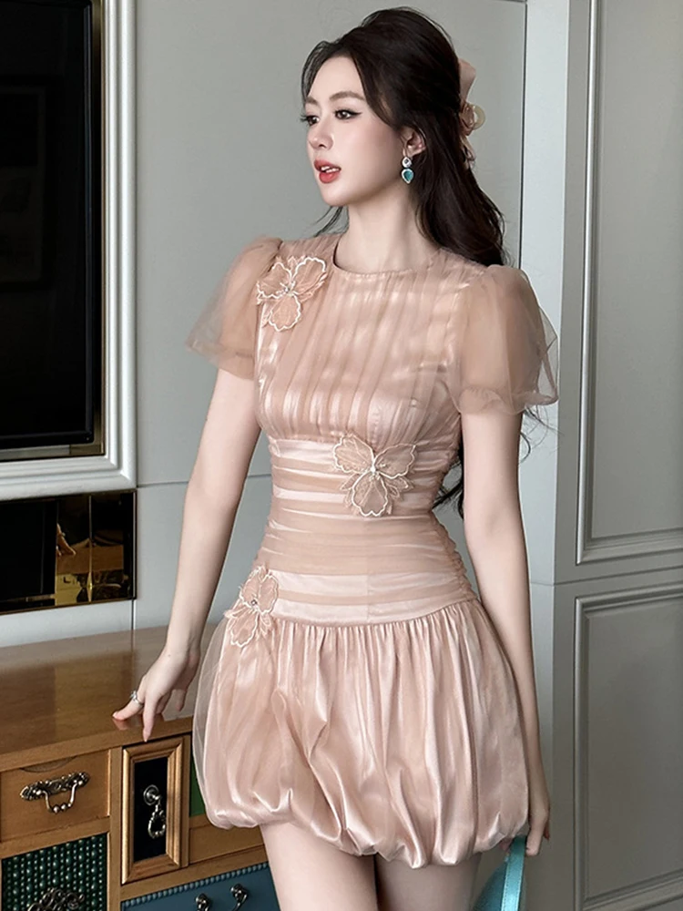 สไตล์ฝรั่งเศส Kawaii ผู้หญิงประณีตน่ารักแขนฟอง 3D ดอกไม้ SHEER ตาข่าย Cloud ชุดเลดี้สั้นชุดพรรค Vestidos