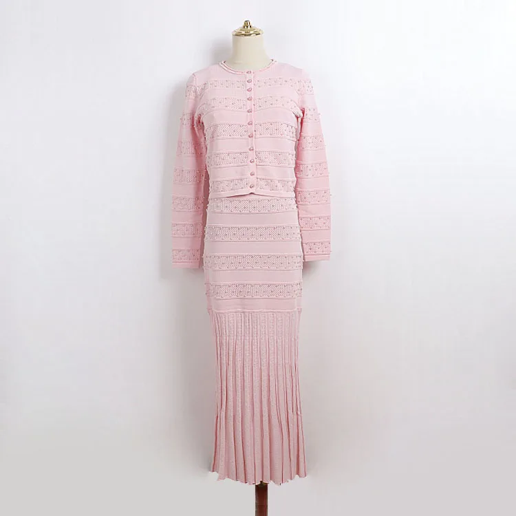 

Элегантный пастельный вязаный комплект из 3 предметов: кардиган с длинными/короткими рукавами + платье миди с кружевными деталями и пуговицами спереди, рифленый подол, шикарный женский наряд