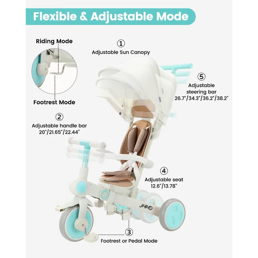 รถสามล้อเด็กอเนกประสงค์ 7-in-1 พร้อมที่จับสำหรับผู้ปกครองแบบปรับได้, สายรัดนิรภัยและเบรกที่ล้อ, หลังคาที่ถอดออกได้