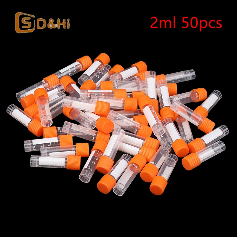 50Pcs 2ML Plastic Test Tubes Vials Sample Container Powder Screw Cap Bottles PP Cryotube Freezing Tubes Chemistry Supplies