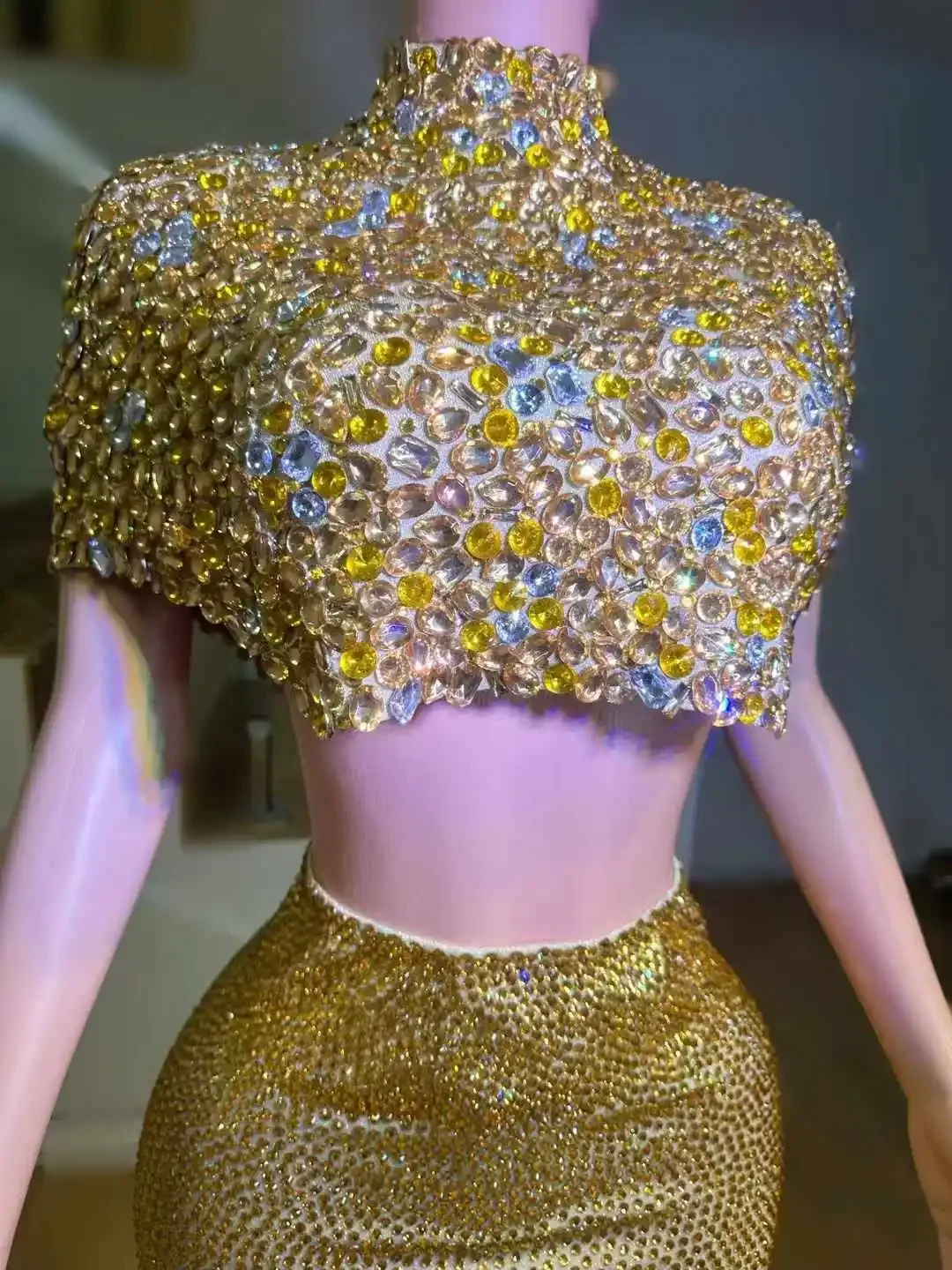 여성용 골드 2피스 크리스탈 탑과 풀 라인스톤 스커트 세트, 이브닝 파티, 생일, 사진 촬영 소품, 무도회 축하용