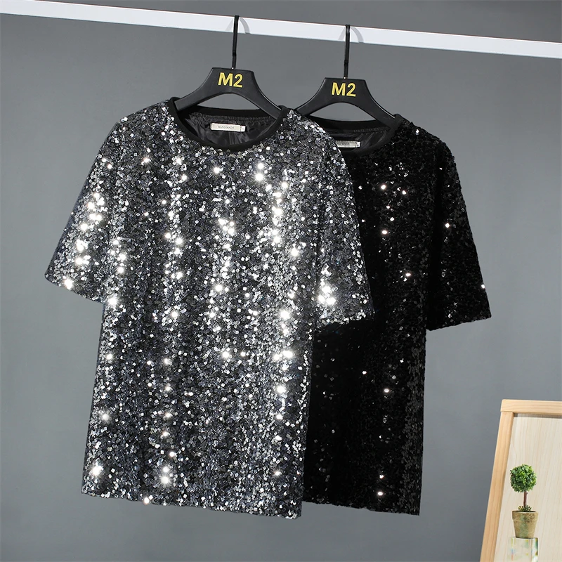 Sequins Loose Fit Tees Half Sleeve T Shirt For Men Stage Fashion High-Quality Harajuku Style Oversize Casual Camisetas De Hombre