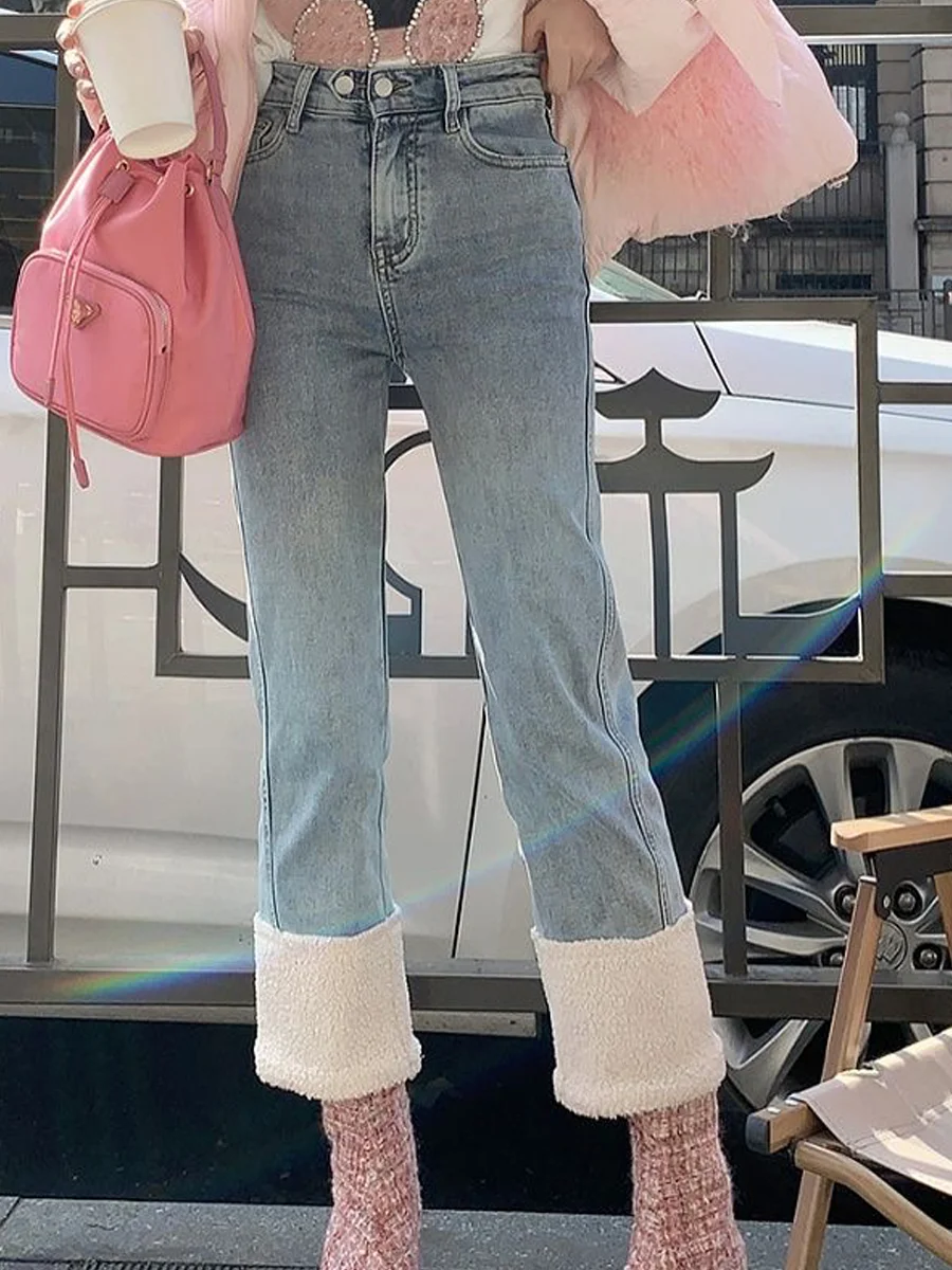 

High Waist Straight Leg Denim Jeans Women's Spring New Style Light Blue Lamb Fur Patchwork Nine Tube Pants Korean Version