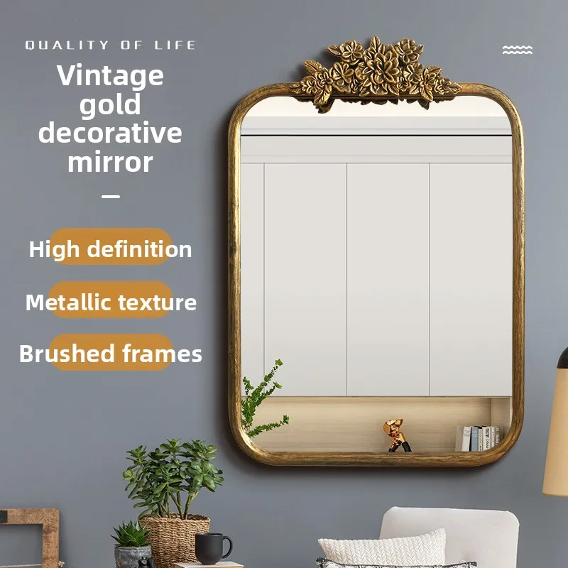 

French Vanity Mirror Retro Relief Special-shaped Mirror Metal Vanity Mirror European Bathroom Mirror Wall Hanging Small Vanity