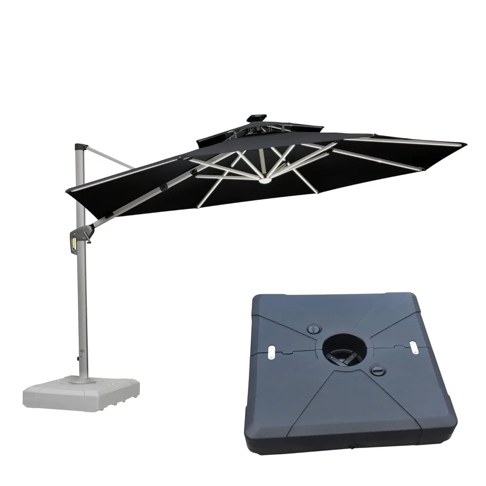 

12ft Patio Umbrella with Base Solar Powered LED Cantilever Umbrella with LED Lights Windproof Outdoor Offset, Customized
