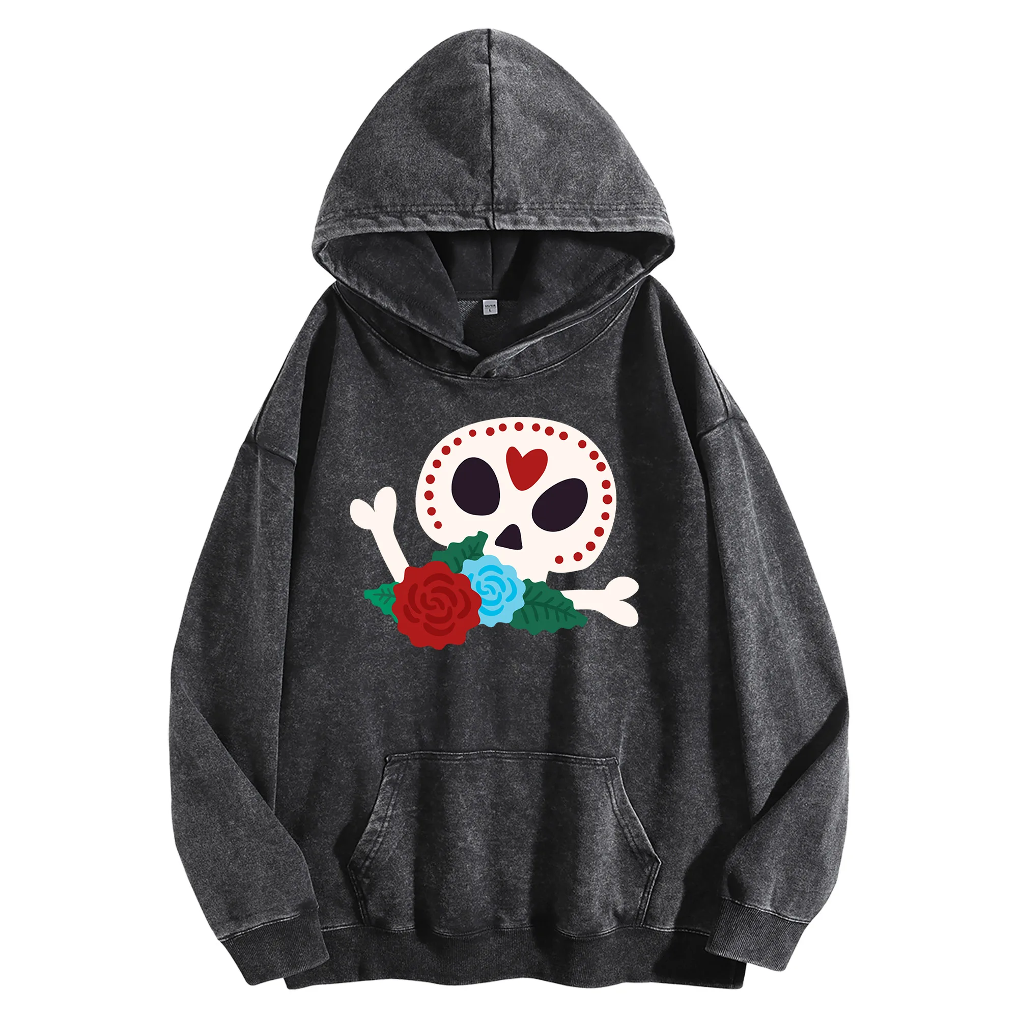 سترة بغطاء للرأس مغسولة عتيقة 400G مطبوعة برسومات جمجمة ووردية للجنسين، بلوفر كبير الحجم، مجموعة الخريف/الشتاء #1