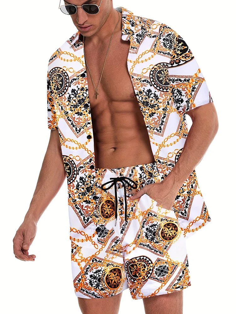 

Новинка 2024, мужской комплект из рубашки и шортов с коротким рукавом, Повседневная пляжная рубашка с коротким рукавом для отдыха, повседневные уличные шорты