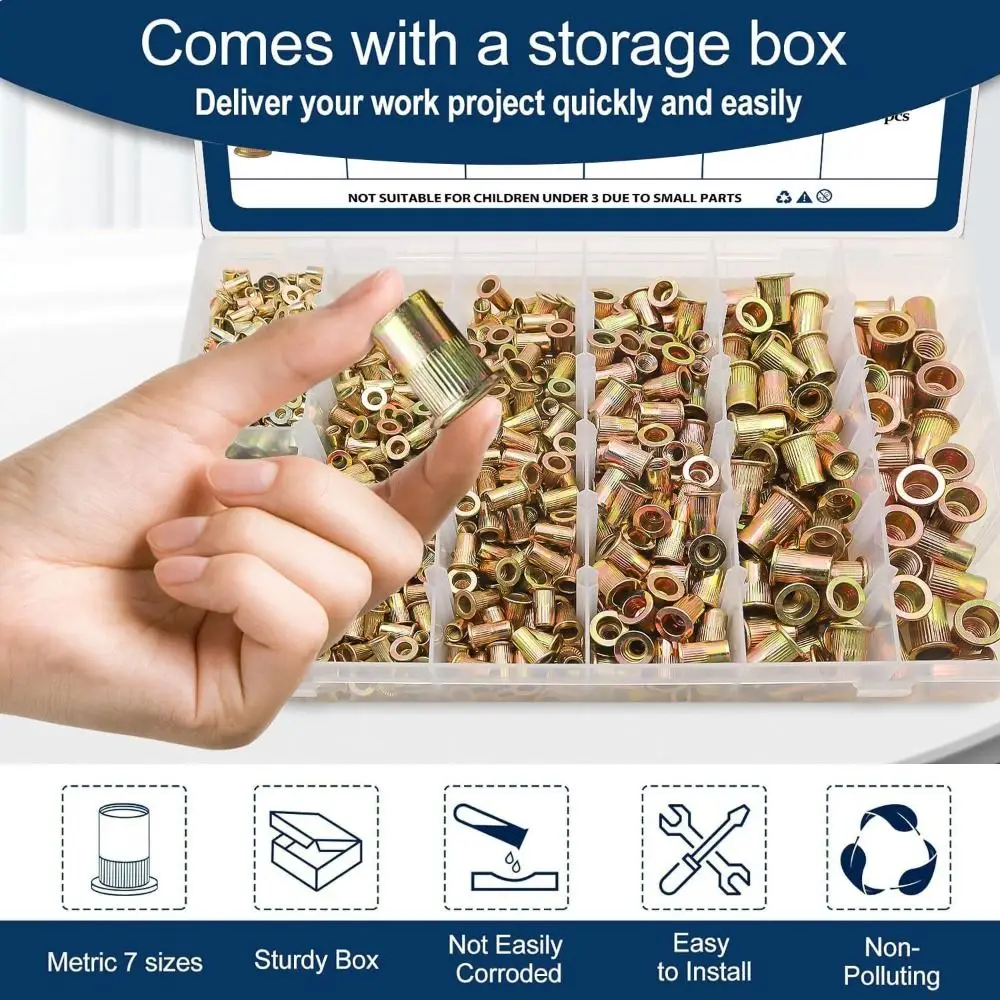 Carbon Steel Rivet Nut M3-M12 Zinc Plated Threaded Insert Tool Rustproof Threaded Rivet Nut Assortment Kit Repair Accessory
