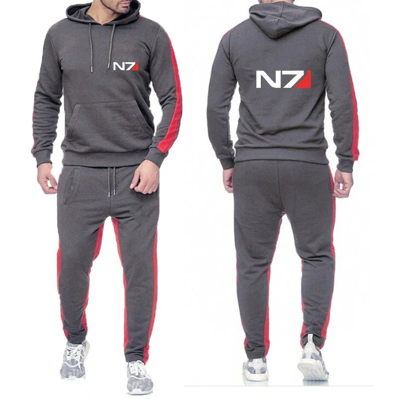 Neues Herren-Sweatshirt, lässig, einfarbig, dicker Pullover, lange Hose, 2-teiliges Set, Herbst-Jogger, Sport, Jogging, gestreifter Anzug