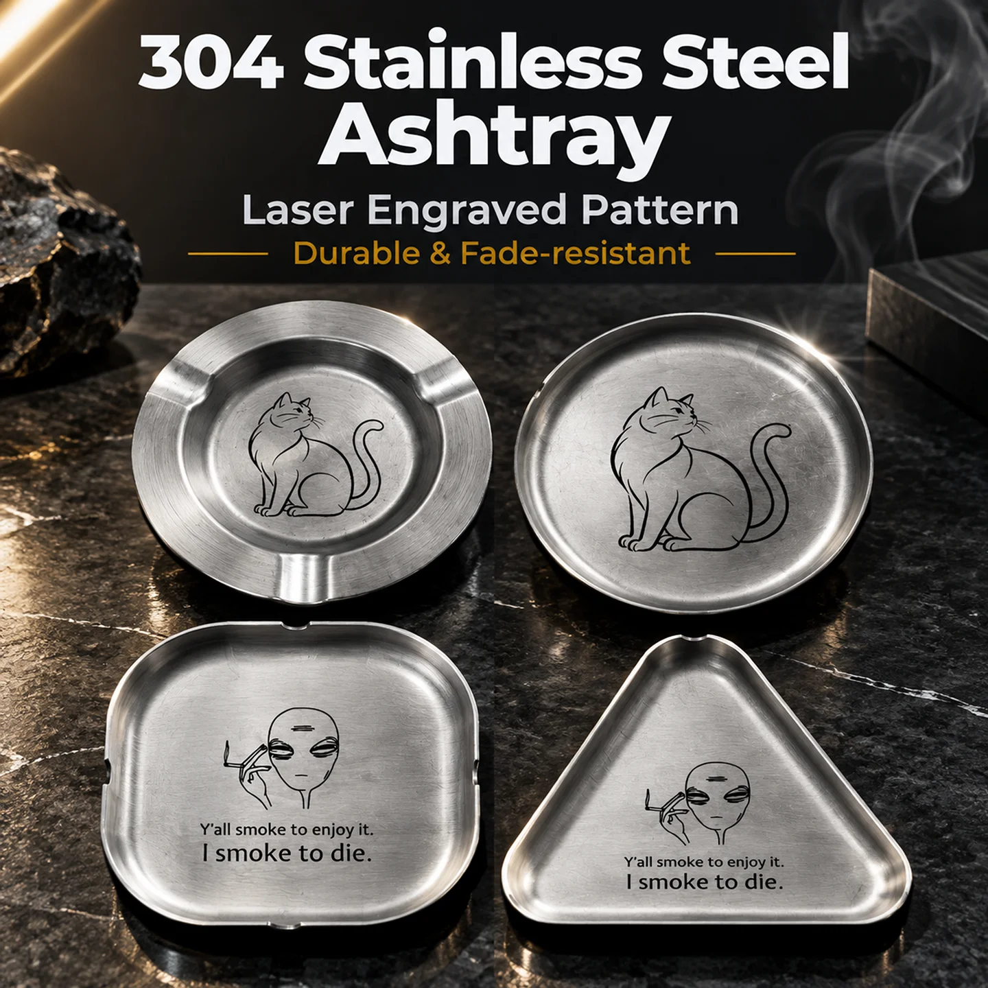 304 Stainless Steel Cigarette Ashtray Metal Ceative Stylish Cigar Ashtray Holder Vintage Distressed Korean Style Smoking Gift
