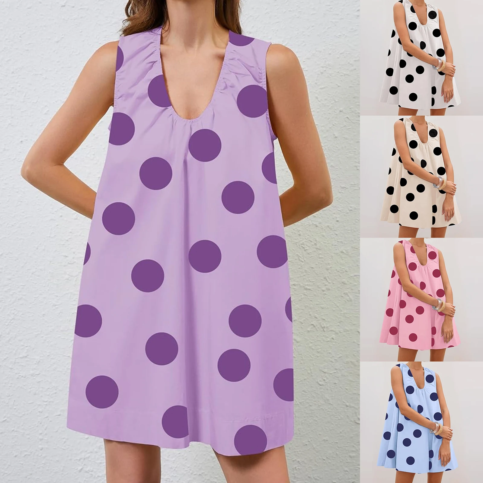 Combhasaki feminino verão casual solto ajuste elegante bolinhas impressão plissado decote em v sem mangas a linha curto mini babydoll tanque vestido