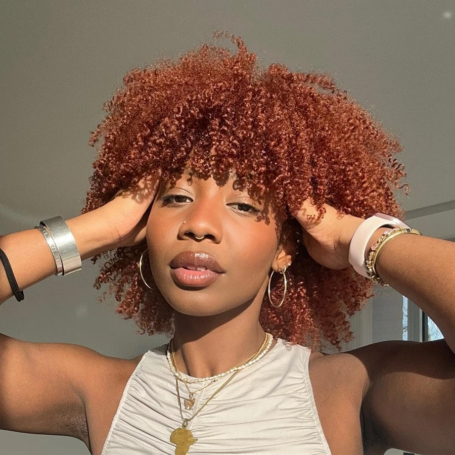 

Ginger Orange Kinky Curly Short Pixie Cut Bob Wig Remy Human Hair Wigs With Bangs Ginger Orange Machine Made Wig For Black Women