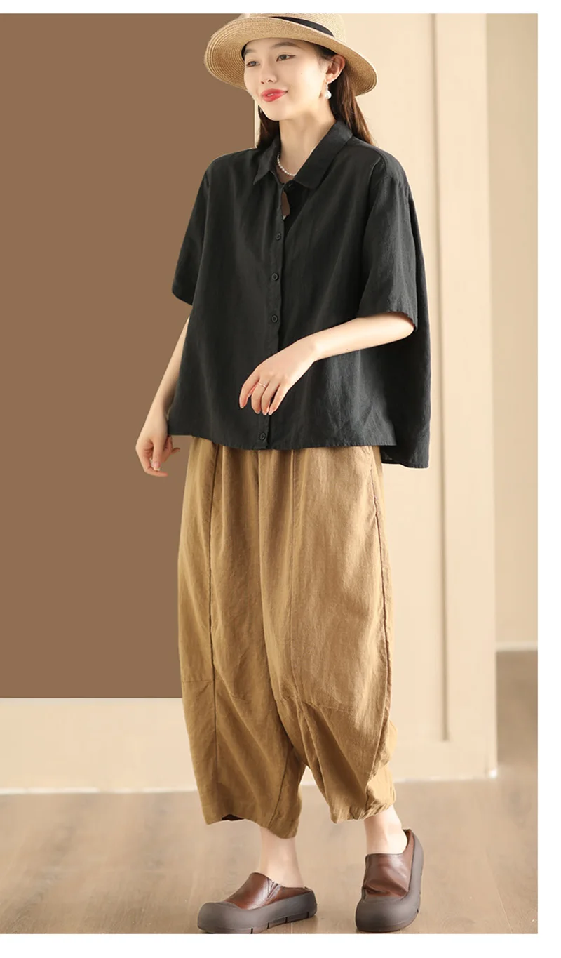 Natural Pure Linen Women's Shirt, White Short-sleeved, Simple and Elegant Top, Youthful Fashionable Street Wear Comfortable Cool