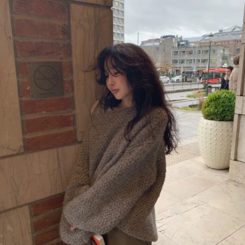 

Свободный вязаный свитер в корейском стиле, новинка весны, женский шерстяной топ с вырезом-лодочкой и открытыми плечами, в стиле Lazy Style