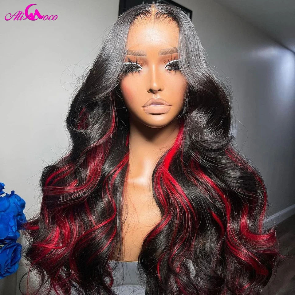 Perruque Lace Front Wig Body Wave Naturelle, Cheveux Humains, Balayage Rouge Ombré, Couleur Noire, 13x4, Pre-Plucked, pour Femme