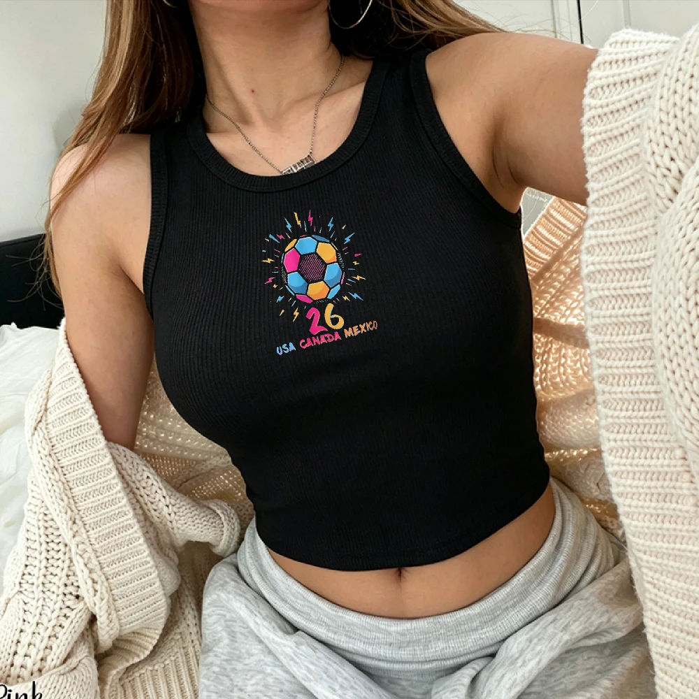 Colorful Soccer Ball 26 US Canada Mexico Black Crop Top Ribbed Tank Fitted Lightning Bolt Design 2026 Y2k Womens Tops Camisole