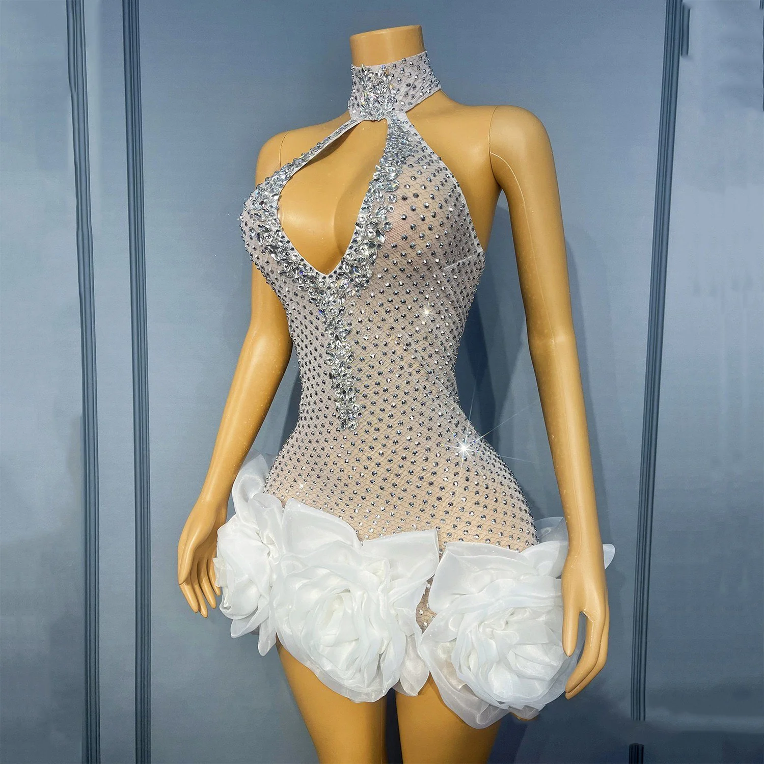 Sexy Opknoping Hals Diamant Holle Kanten Jurk Nachtclub Bar Dj GOGO Stadium Jurk Zangeres Stage Performance Kostuum DN21801