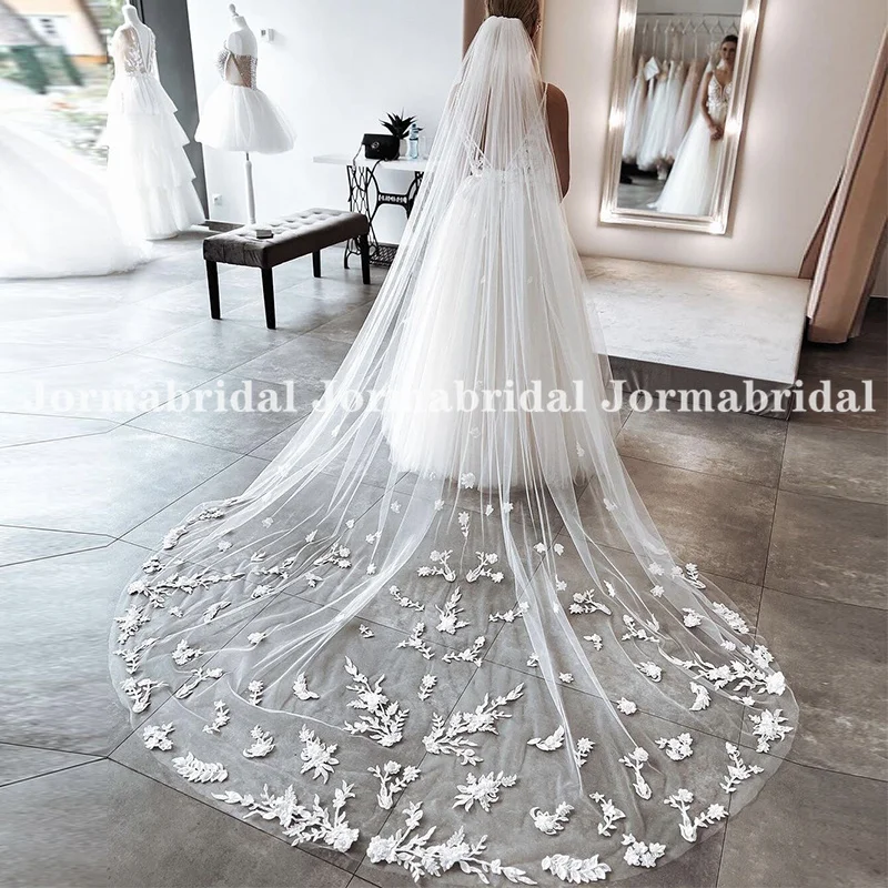 

Luxury 3 Metre Long Wedding Veils 1 Tier White Ivory Bridal Veil with Appliques Soft Tulle Luxury Cathedral Bride Wedding Veil