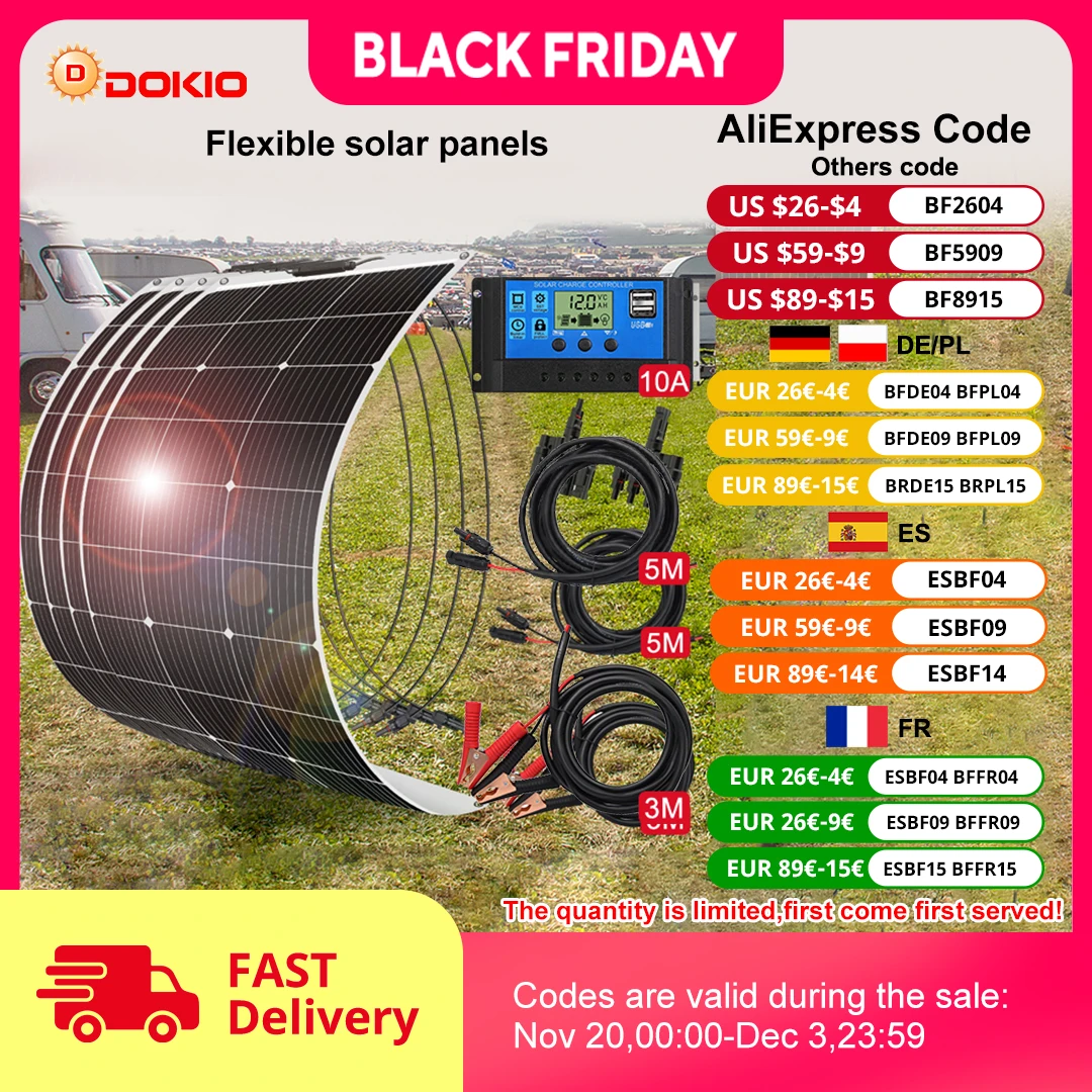 DOKIO 100W-400W(Kit) pannelli solari flessibili pannello solare monocristallino impermeabile campeggio RV Home Charge