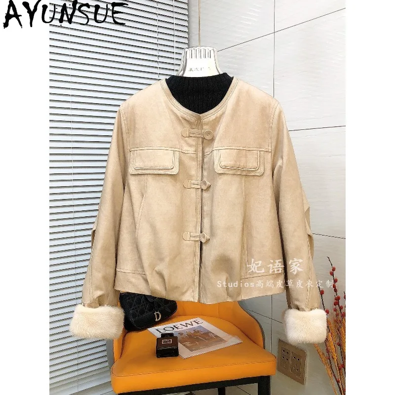 AYUNSUE Women's Goose Down Coat Winter Short O-neck Jackets for Woman Fashion Mink Fur Cuff Outerwears Woman Clothes Ropa Mujer