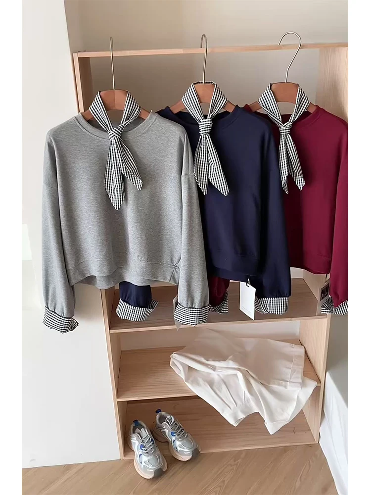 

Autumn Winter Women Fake Two Pieces Long Sleeve Sweatshirts Korean Vintage Hoodies Pullovers Designer Tide Designer Old Money