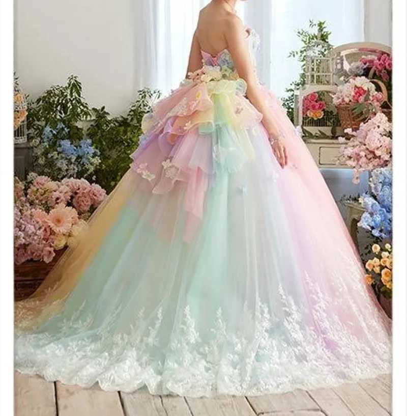2025 3D Bloem Kant Puffy Baljurken Vestido Formatura Abiye Ruches Avondjurken Mooie Kleurrijke Regenboog Tutu Prom Dresses