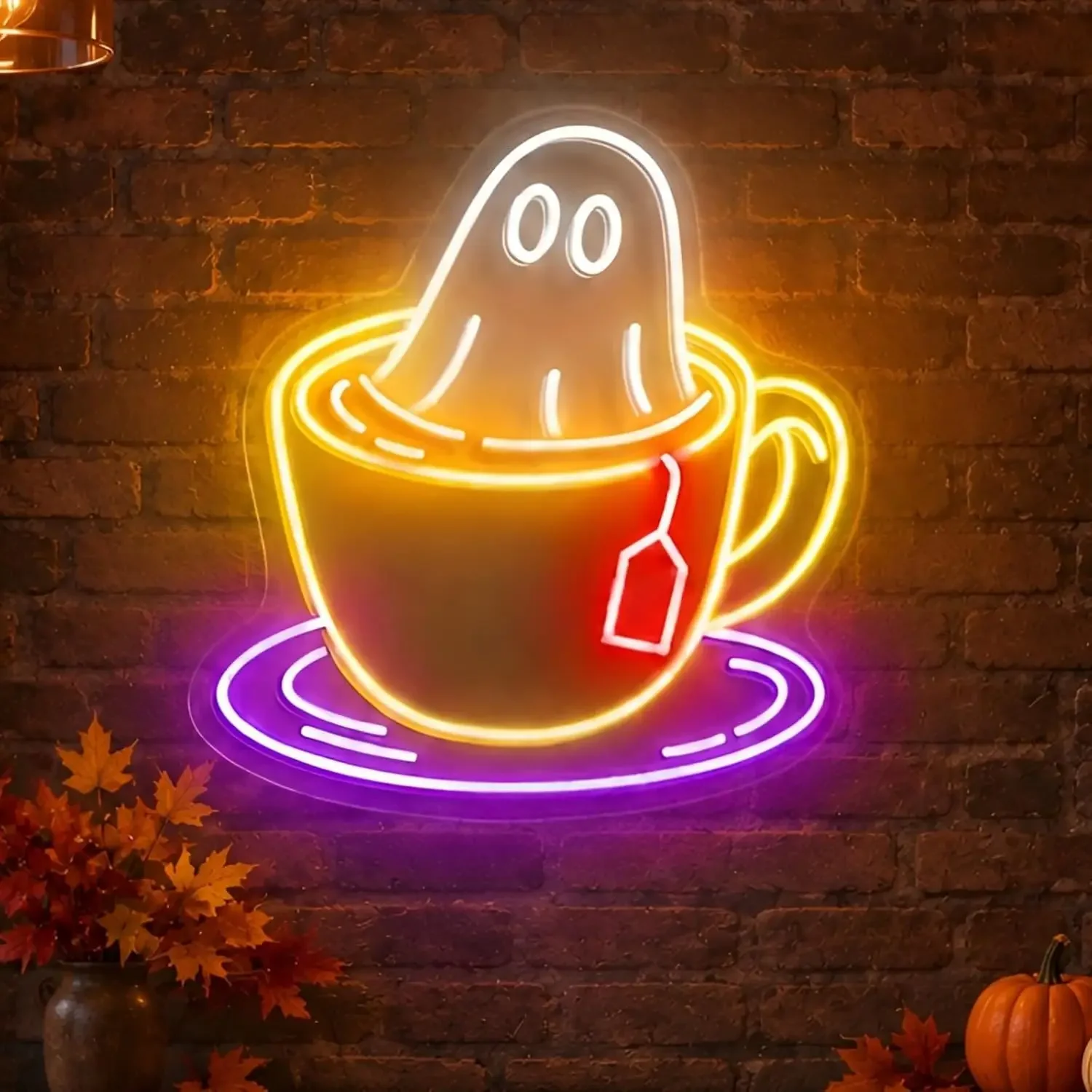 Ghost Tea Cup Neon Sign USB LED Neon Light Halloween Party Kitchen Coffee Bar Game Room Bedroom Aesthetic Decor Night Light Gift