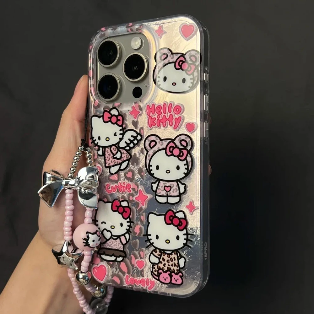 Kawaii Print Hello Kitty 16 15Promax Phone Case Suitable for 14 13 12Pro with Pendant 11 Xsmax Anti Drop Phone Case Girl Gift