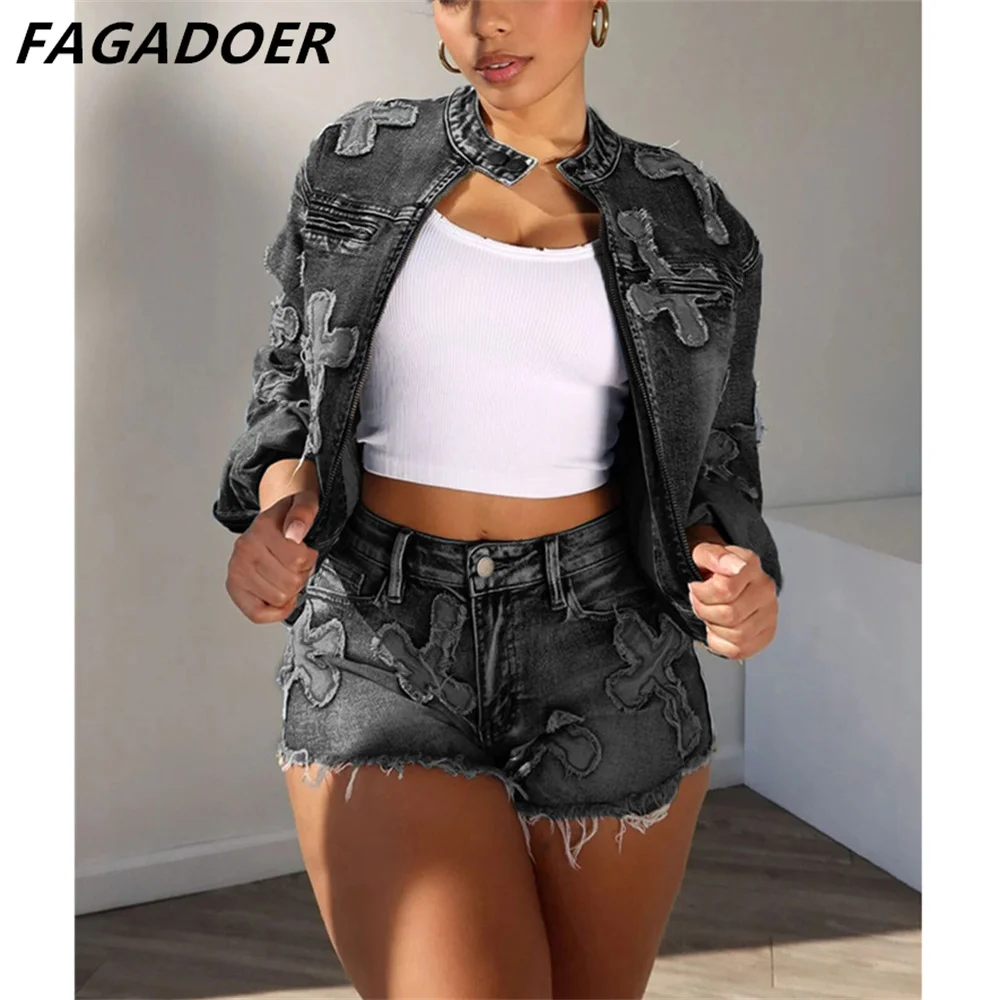 FAGADOER Fashion Denim Embroidery Shorts Two Piece Sets Women Zipper Long Sleeve Coat And Shorts Outfits Female Cowboy 2pcs Suit