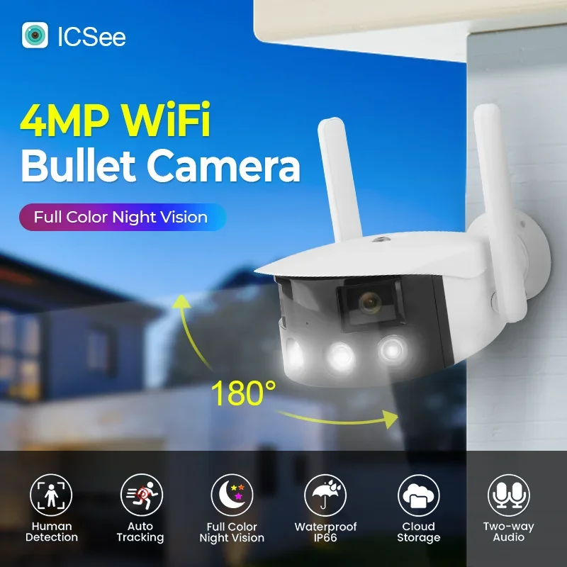 2026 ICSEE 4MP Wireless IP Bullet CCTV Camera 180-Degree Panoramic View Color Night Vision Outdoor Auto Tracking CMOS 1-Year Clo