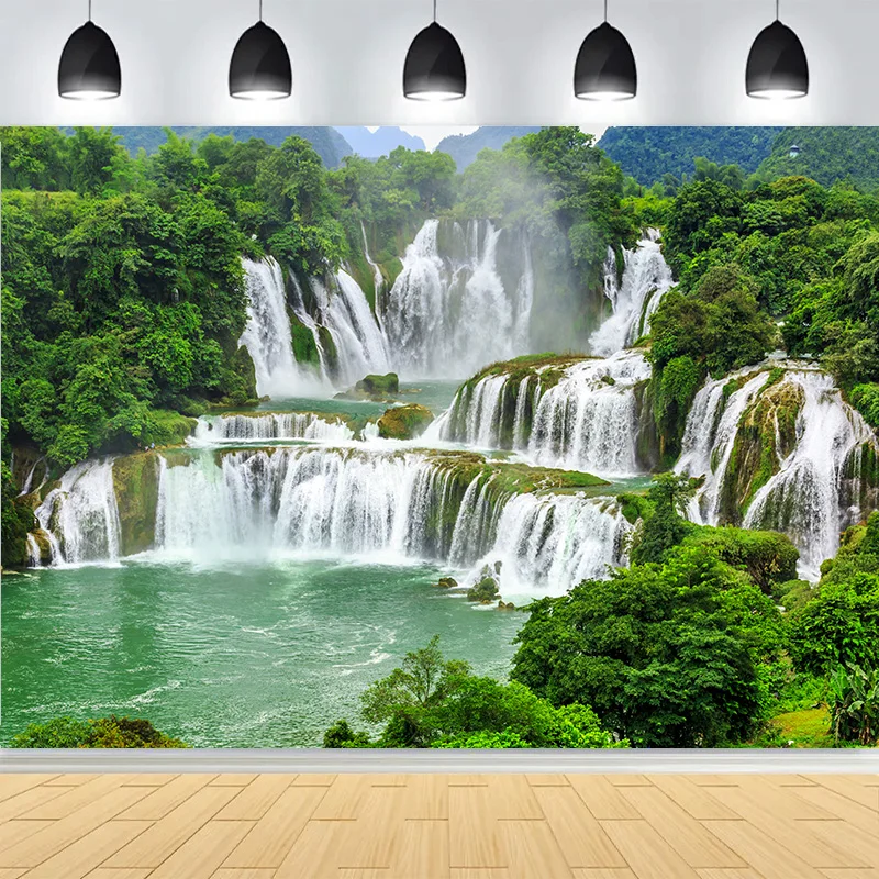 

Fresh Blue Natural Waterfall Beauty Lake Photography Backdrops Grass Landscape River Beach Park Cove Photo Background PB-07