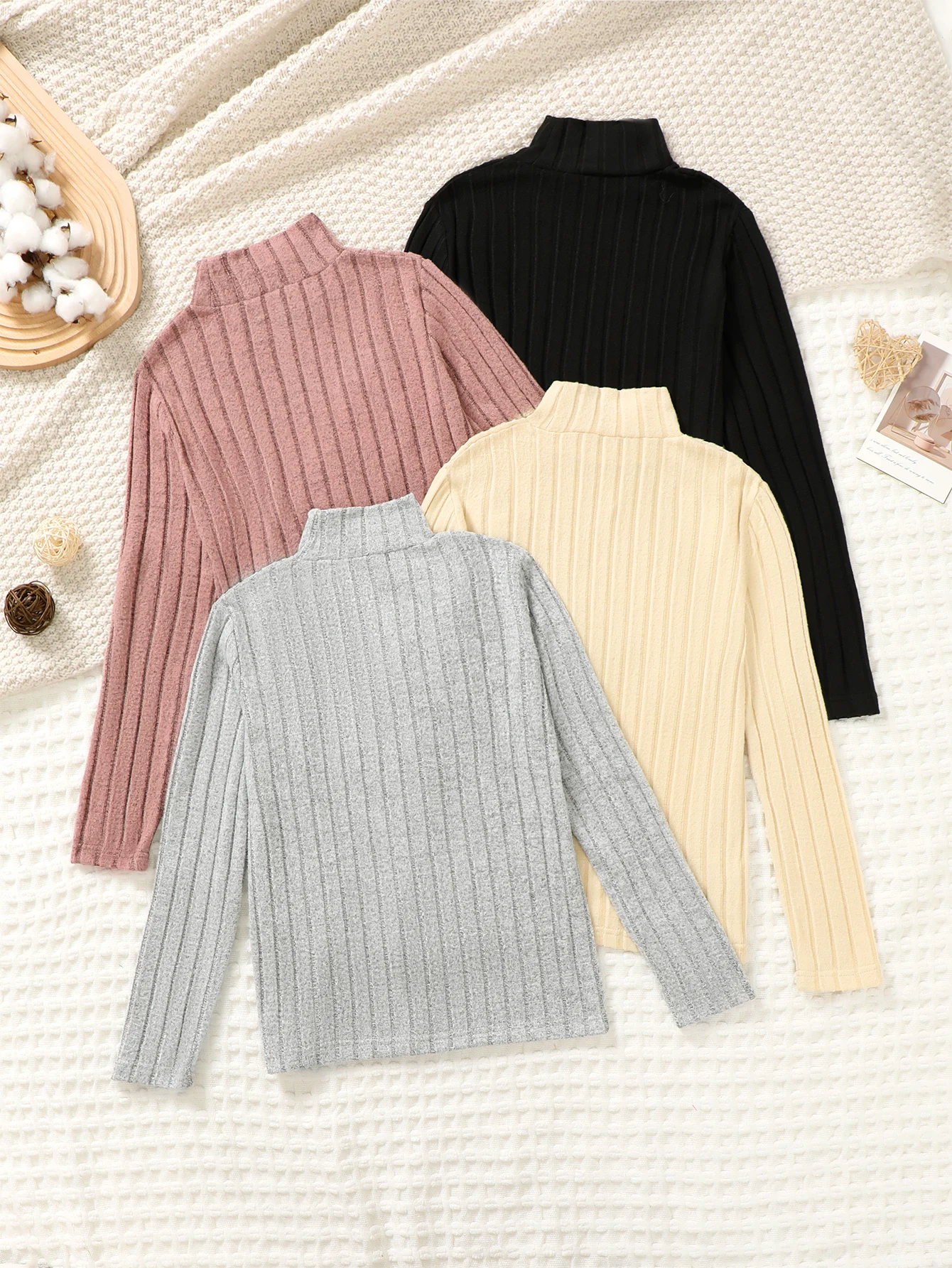 4-Piece Set Girls Long Sleeve T-Shirts Slim Fit High Collar Base Shirt Suitable for Autumn Winter Casual Wear