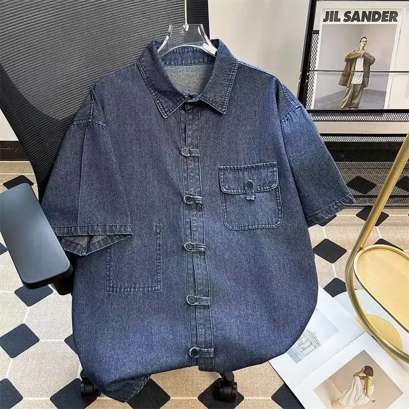 

Women New Chinese Button Short-sleeved Denim Shirt Washed Tooling Jeans Loose Retro 2025 Summer Half-sleeved Top