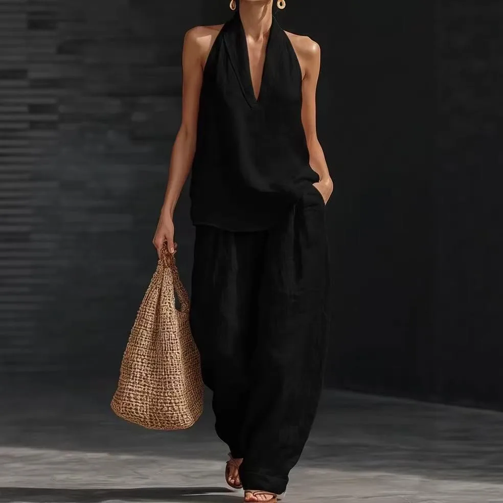 Sommerliches Damen-Freizeit-Set aus Leinen: 2-teiliges Halter-Neck V-Ausschnitt Top und Weite-Bein-Hose für Strand und Urlaub – Detail 4