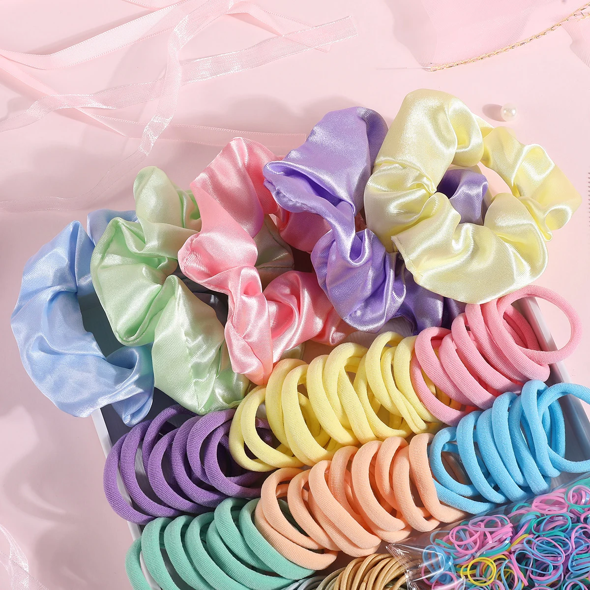 1159Pcs Girls Hair Accessories Sets Satin Scrunchies Candy Color Nylon Hair Ties Children Elastic Rubber Bands Ponytail Holder