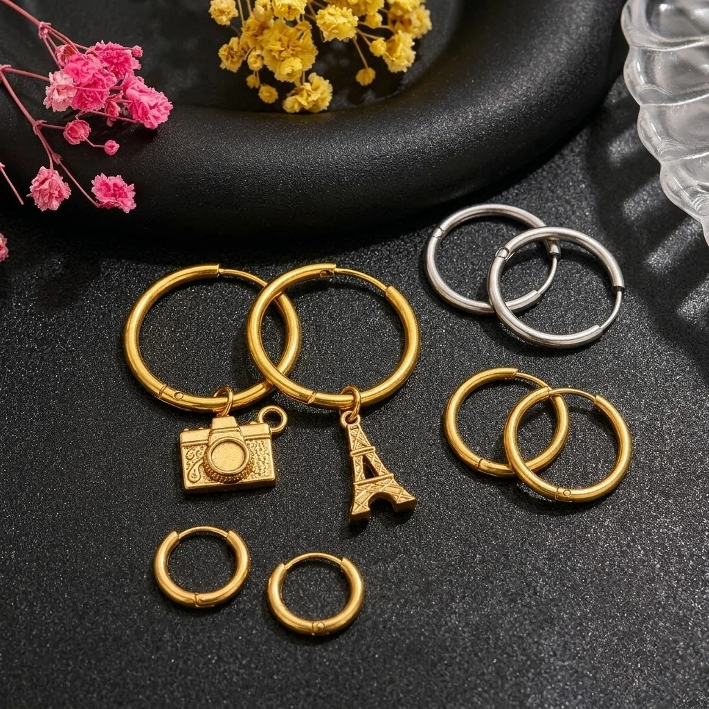 10pcs/Lot Stainless Steel Hoop Earrings Women Earring Men Punk Hiphop Gifts Gold Color Jewelry Piercing DIY Ear Circle Accessory