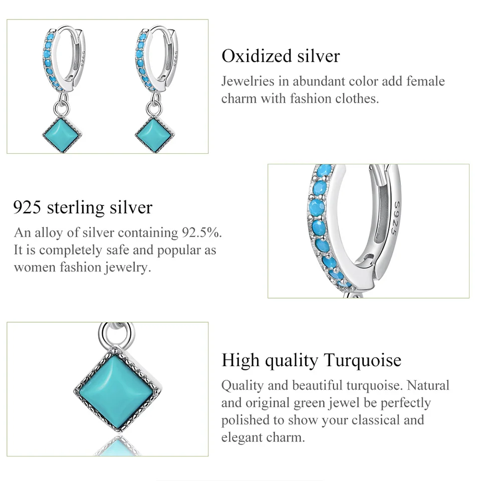 BISAER 925 Sterling Silver Ear Buckles Vintage Simple Turquoise Pendant Drop Earrings for Women Party Wedding Fine Jewelry