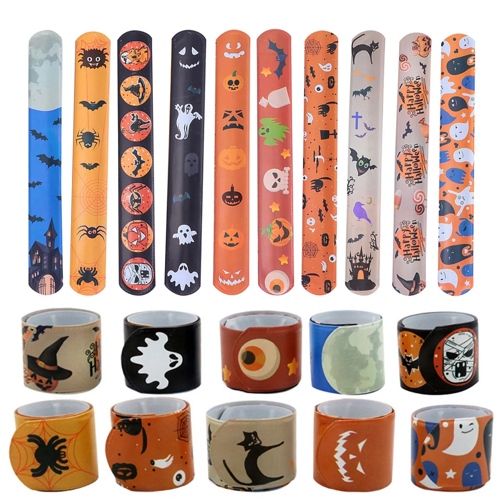 Halloween Slap Bracelets Funny Ghost Pumpkin Bat Wristband Toys Birthday Party Favor Decoration Kids Gift Random Pattern