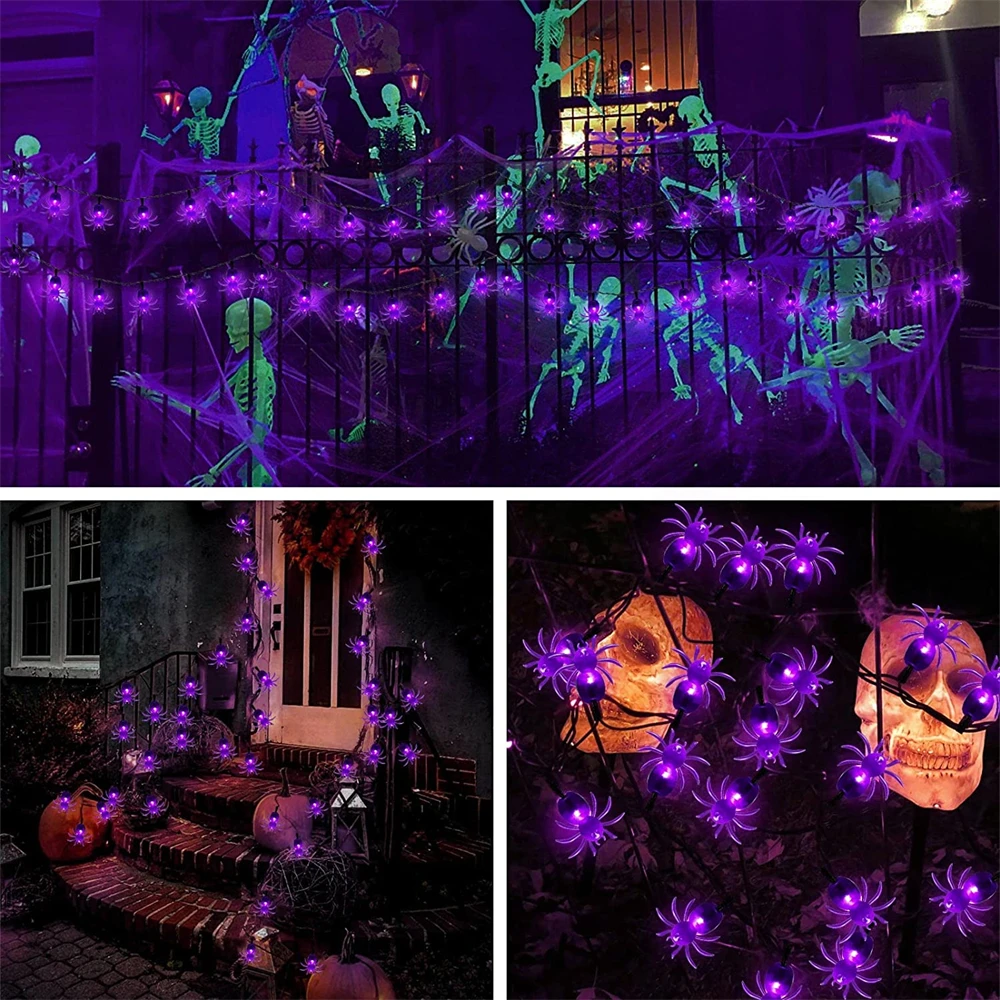 50/30/20leds Solar Spider Lights String Halloween Purple Spider Lights for Christmas New Year Party Garden Courtyard Wall Decor